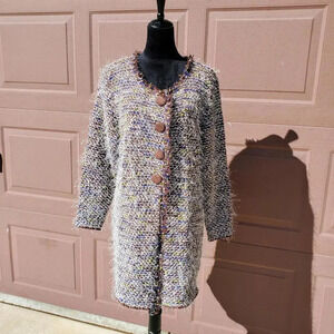 Creation L Brown White Blue Green Fuzzy Women's Cardigan Duster Sweater Size 12